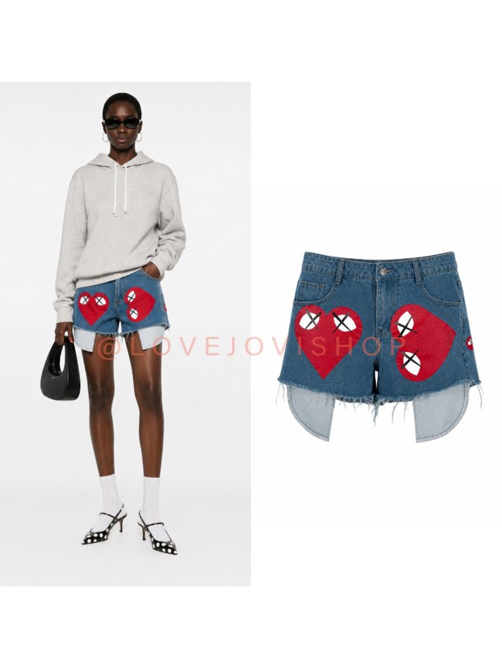 Streetwear | Heart Eyes Denim Cut Off Shorts Whimsical Dopamine Graphic Jean 12